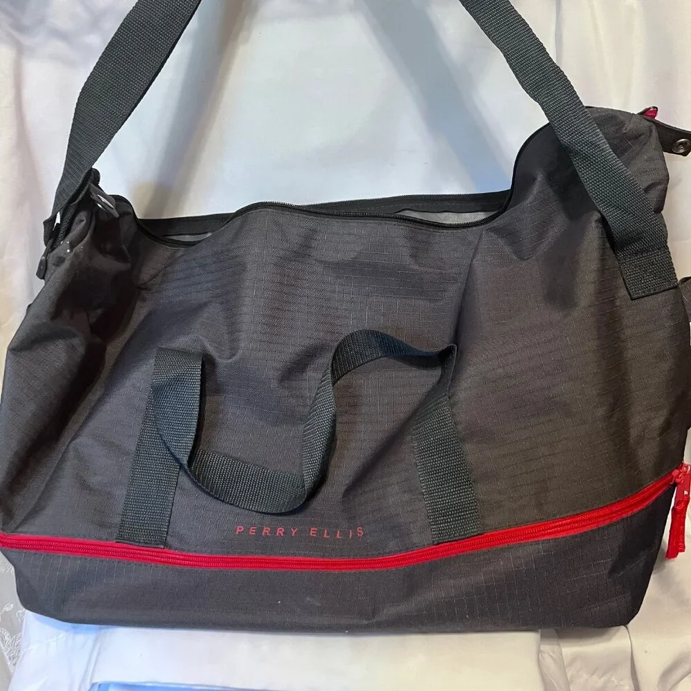 Perry Ellis-Gray& Red Tote/Satchel Travel Bag-Adjustable Shoulder Strap-Zip Bott
